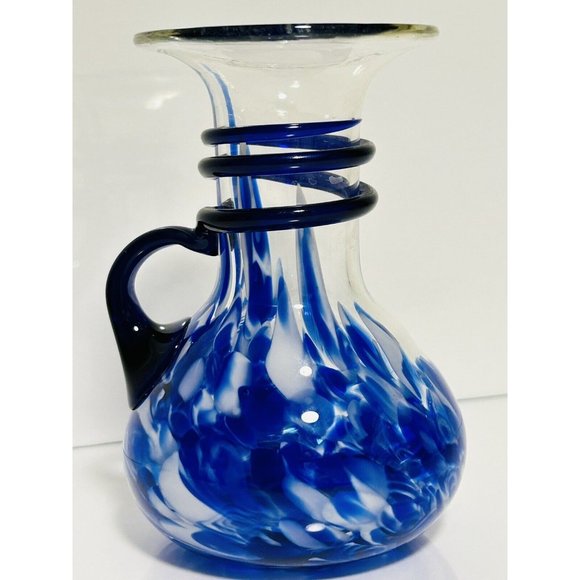 Spatter Blue White Hand Blown Glass Vase Applied Cobalt Blue Spiral Handle - Picture 3 of 7